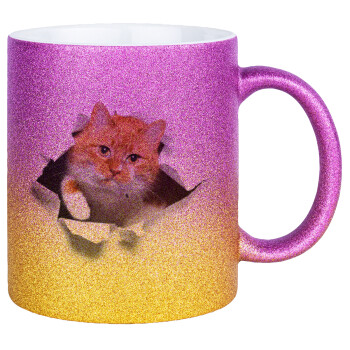 Cat cracked, Κούπα Χρυσή/Ροζ Glitter, κεραμική, 330ml