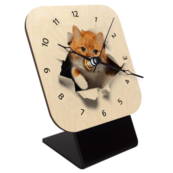 Cat cracked, Quartz Table clock in natural wood (10cm)