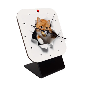 Cat cracked, Quartz Wooden table clock with hands (10cm)