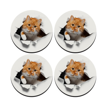 Cat cracked, SET of 4 round wooden coasters (9cm)