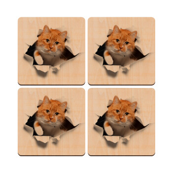 Cat cracked, ΣΕΤ x4 Σουβέρ ξύλινα τετράγωνα plywood (9cm)