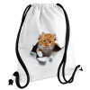 Cat cracked, Τσάντα πλάτης πουγκί GYMBAG λευκή, με τσέπη (40x48cm) & χονδρά κορδόνια