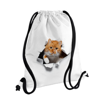 Cat cracked, Backpack pouch GYMBAG white, with pocket (40x48cm) & thick cords