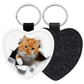 Cat cracked, Μπρελόκ PU δερμάτινο glitter καρδιά ΜΑΥΡΟ
