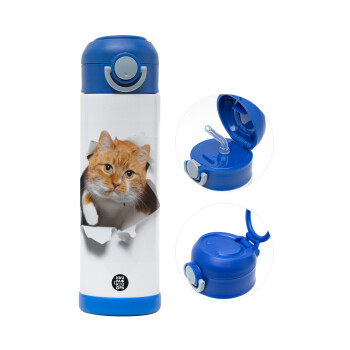 Cat cracked, Children's hot water bottle, stainless steel, with safety straw, BLUE (500ml)