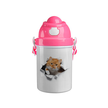 Cat cracked, Ροζ παιδικό παγούρι πλαστικό (BPA-FREE) με καπάκι ασφαλείας, κορδόνι και καλαμάκι, 400ml