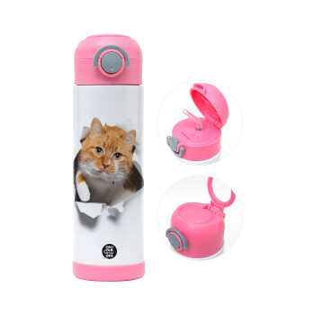 Cat cracked, Children's hot water bottle, stainless steel, with safety straw, PINK (500ml)