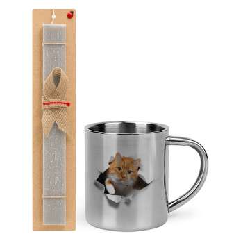 Cat cracked, Πασχαλινή Λαμπάδα με μεταλλική κούπα θερμό (300ml) & κερί αρωματικό πλακέ (30cm) (ΓΚΡΙ)