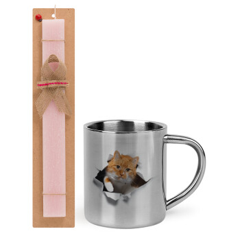 Cat cracked, Easter Set, metallic thermal cup (300ml) & aromatic flat Easter candle (30cm) (PINK)