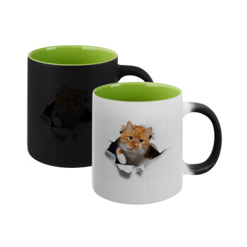 Cat cracked, Κούπα Μαγική εσωτερικό πράσινο, κεραμική 330ml που αλλάζει χρώμα με το ζεστό ρόφημα