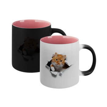 Cat cracked, Κούπα Μαγική εσωτερικό ΡΟΖ, κεραμική 330ml που αλλάζει χρώμα με το ζεστό ρόφημα