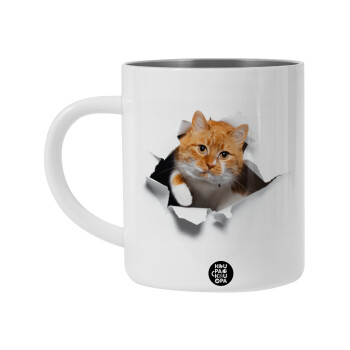 Cat cracked, Λευκή Ανοξείδωτη Μεταλλική Κούπα 450ml - Διπλού Τοιχώματος 