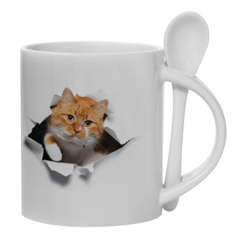 Cat cracked, Ceramic coffee mug with Spoon, 330ml (1pcs)