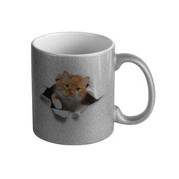 Cat cracked, Κούπα Ασημένια Glitter που γυαλίζει, κεραμική, 330ml