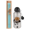 Easter Set, metallic silver aluminum water bottle (500ml) & scented flat Easter candle (30cm) (TURQUOISE)