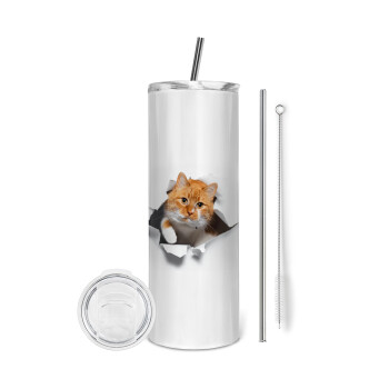 Cat cracked, Tumbler stainless steel 600ml, with metal straw & cleaning brush