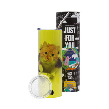 Cat cracked, Neon Yellow Travel Tumbler, with metal straw (Stainless steel 304 Food grade, BPA free, 600ml)