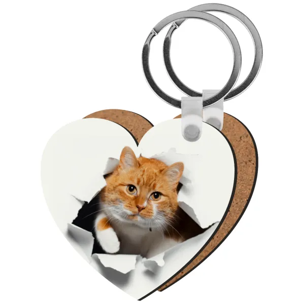Cat cracked — Heart wooden MDF keychain