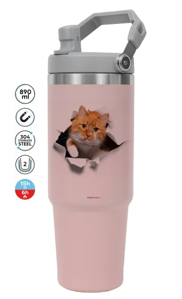 Cat cracked — PINK Travel Tumbler with Handle 890ml