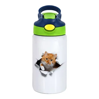 Cat cracked, Παιδικό παγούρι θερμό, ανοξείδωτο, με καλαμάκι ασφαλείας, πράσινο/μπλε (350ml)