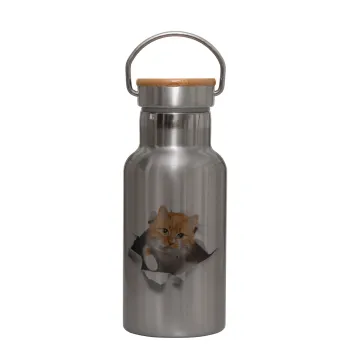 Cat cracked, Stainless steel metallic thermos flask, silver with a bamboo lid, double-walled, 350ml.