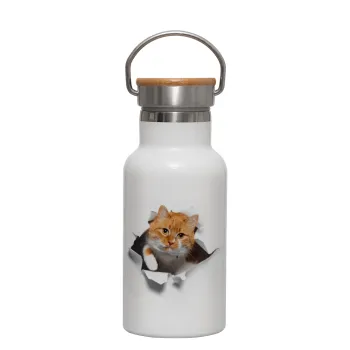 Cat cracked, Metallic thermos (Stainless steel) White with wooden lid (bamboo), double-walled, 350ml