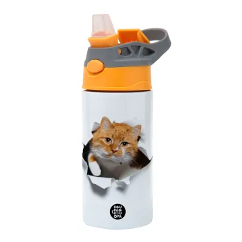 Cat cracked, Children's hot water bottle, stainless steel, with safety straw, Orange/Grey (360ml) BPA-FREE