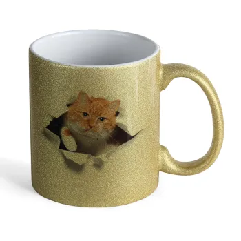 Cat cracked, Κούπα Χρυσή Glitter που γυαλίζει, κεραμική, 330ml