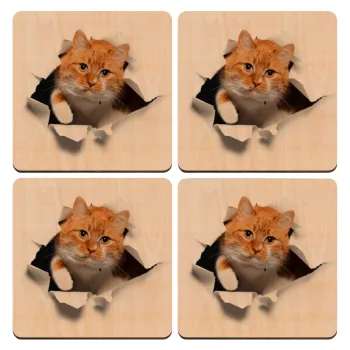 Cat cracked, ΣΕΤ x4 Σουβέρ ξύλινα τετράγωνα plywood (9cm)