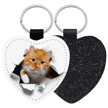 Cat cracked, Μπρελόκ PU δερμάτινο glitter καρδιά ΜΑΥΡΟ