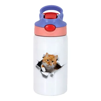 Cat cracked, Παιδικό παγούρι θερμό, ανοξείδωτο, με καλαμάκι ασφαλείας, ροζ/μωβ (350ml)