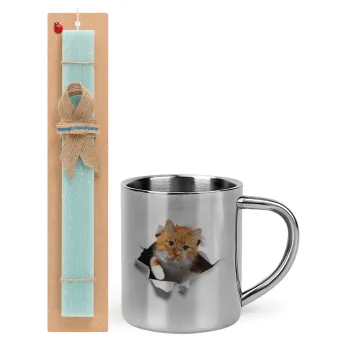 Cat cracked, Easter Set, metallic thermal cup (300ml) & aromatic flat Easter candle (30cm) (TURQUOISE)