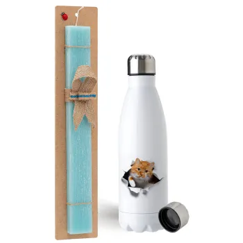 Cat cracked, Easter Set, metallic stainless steel water bottle (750ml) & aromatic flat Easter candle (30cm) (TURQUOISE)