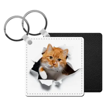 Cat cracked, Μπρελόκ Δερματίνη, τετράγωνο ΜΑΥΡΟ (5x5cm)