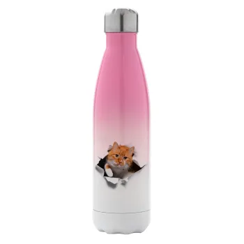 Cat cracked, Metal mug thermos Pink/White (Stainless steel), double wall, 500ml