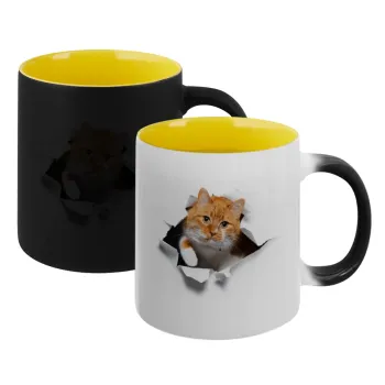 Cat cracked, Κούπα Μαγική εσωτερικό κίτρινη, κεραμική 330ml που αλλάζει χρώμα με το ζεστό ρόφημα