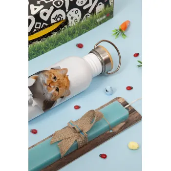 Cat cracked, Πασχαλινή Λαμπάδα με παγούρι μεταλλικό (620ml, stainless steel) & κερί αρωματικό πλακέ (30cm) (ΤΙΡΚΟΥΑΖ)