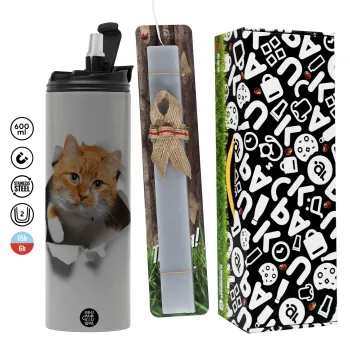 Cat cracked, Πασχαλινή Λαμπάδα με Travel Tumbler θερμό (600ml, BPA free) & κερί αρωματικό πλακέ (30cm) (ΓΚΡΙ)