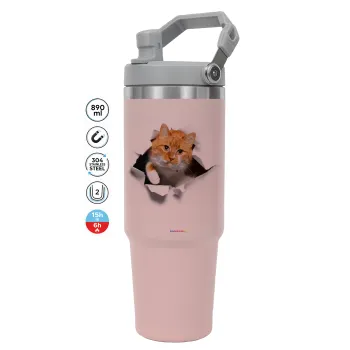 Cat cracked, Pink color, 890ml (30oz) stainless Steel Tumbler with Handle