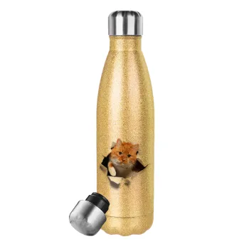 Cat cracked, Glitter gold stainless steel thermos bottle, double-walled, 500ml