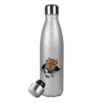 Cat cracked, Metallic Glitter Silver Thermos Flask (Stainless steel), double-walled, 500ml
