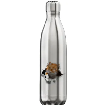 Cat cracked, Inox (Stainless steel) hot metal mug, double wall, 750ml