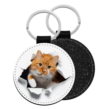 Cat cracked, Μπρελόκ Δερματίνη, στρογγυλό ΜΑΥΡΟ (5cm)