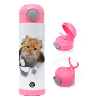 Cat cracked, Παιδικό παγούρι θερμό, ανοξείδωτο, με καλαμάκι ασφαλείας, ΡΟΖ (500ml)