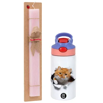 Cat cracked, Easter Set, Children's thermal stainless steel water bottle with safety straw, pink/purple (350ml) & Easter scented flat candle (30cm) (PINK)