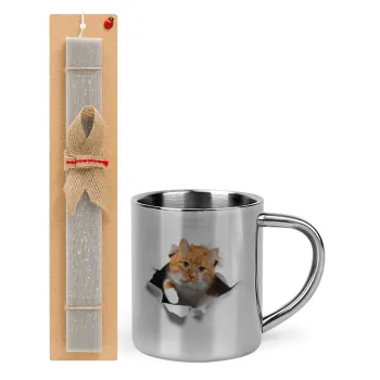 Cat cracked, Easter Set, metallic thermal cup (300ml) & Easter aromatic flat candle (30cm) (GRAY)