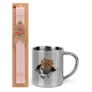 Cat cracked, Easter Set, metallic thermal cup (300ml) & aromatic flat Easter candle (30cm) (PINK)