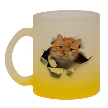 Cat cracked, Κούπα γυάλινη δίχρωμη με βάση το κίτρινο ματ, 330ml