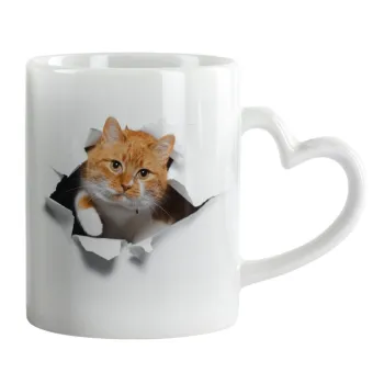 Cat cracked, Κούπα καρδιά χερούλι λευκή, κεραμική, 330ml