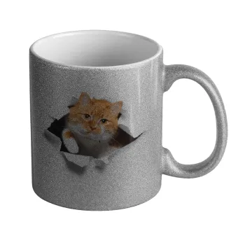Cat cracked, Κούπα Ασημένια Glitter που γυαλίζει, κεραμική, 330ml